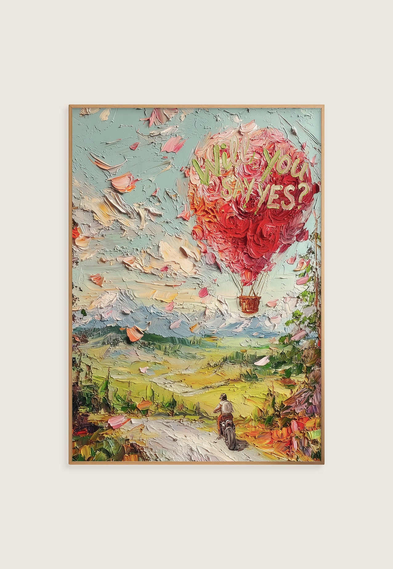 kunsttrykk av luftbalong fylt av rose, oljemaling. av isark