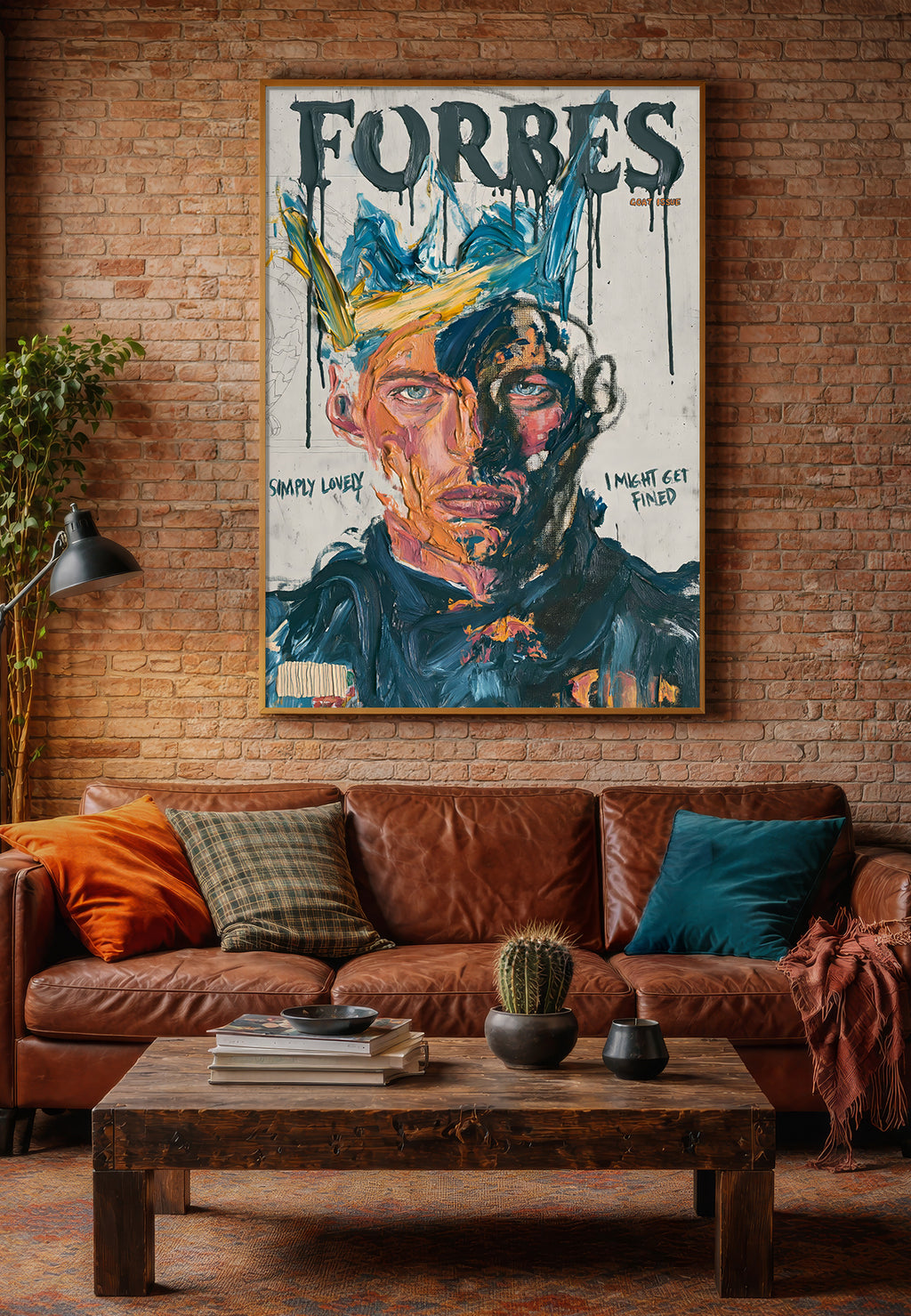 Max Verstappen – Simply Lovely i treramme på teglvegg over en brun skinnsofa. Interiørillustrasjon av ISARKs kunsttrykk.