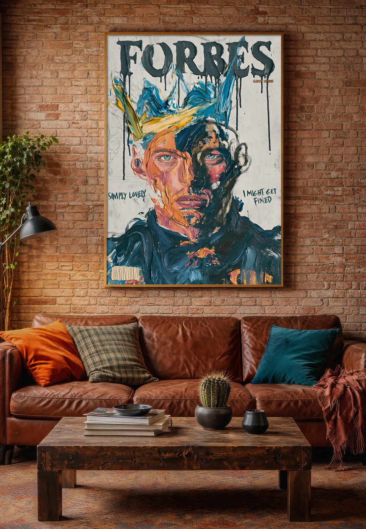 Max Verstappen – Simply Lovely i treramme på teglvegg over en brun skinnsofa. Interiørillustrasjon av ISARKs kunsttrykk.