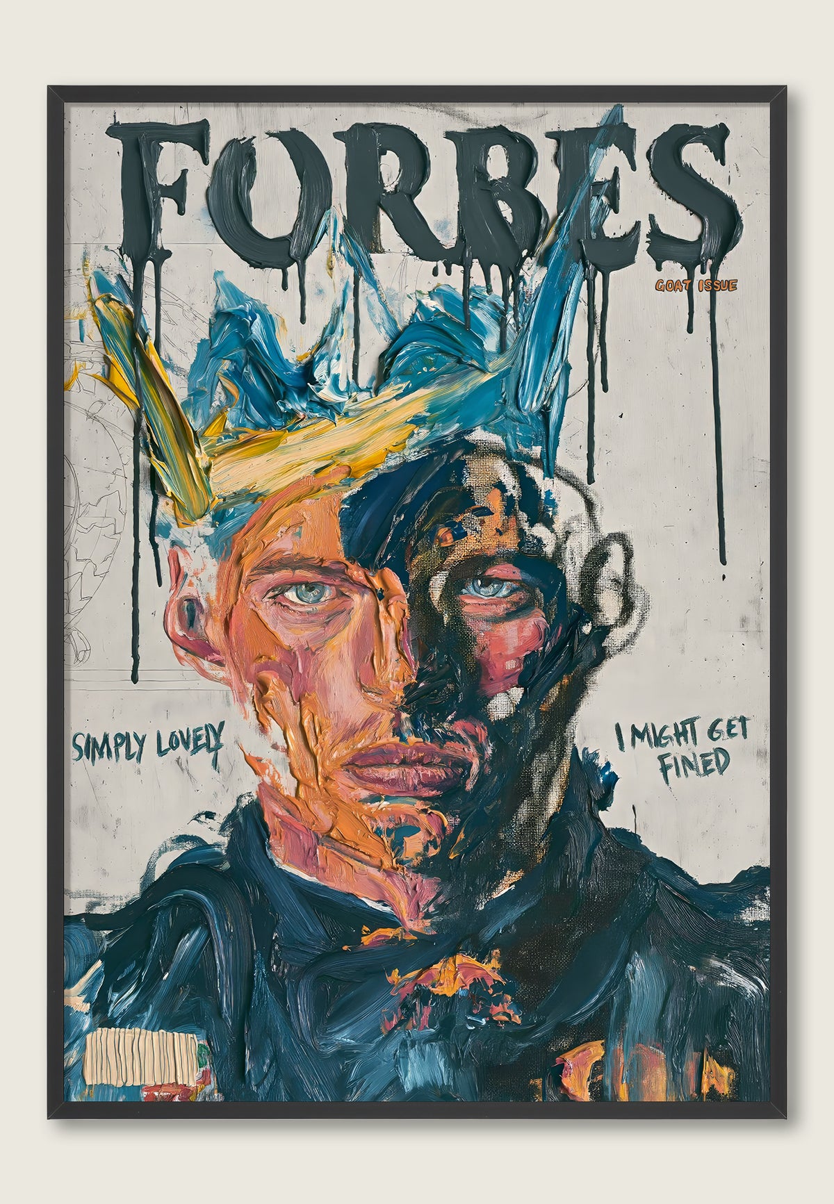 Max Verstappen-kunsttrykk fra ISARK med krone, todelt portrett og «Simply Lovely» under FORBES-tekst, vist i svart ramme.