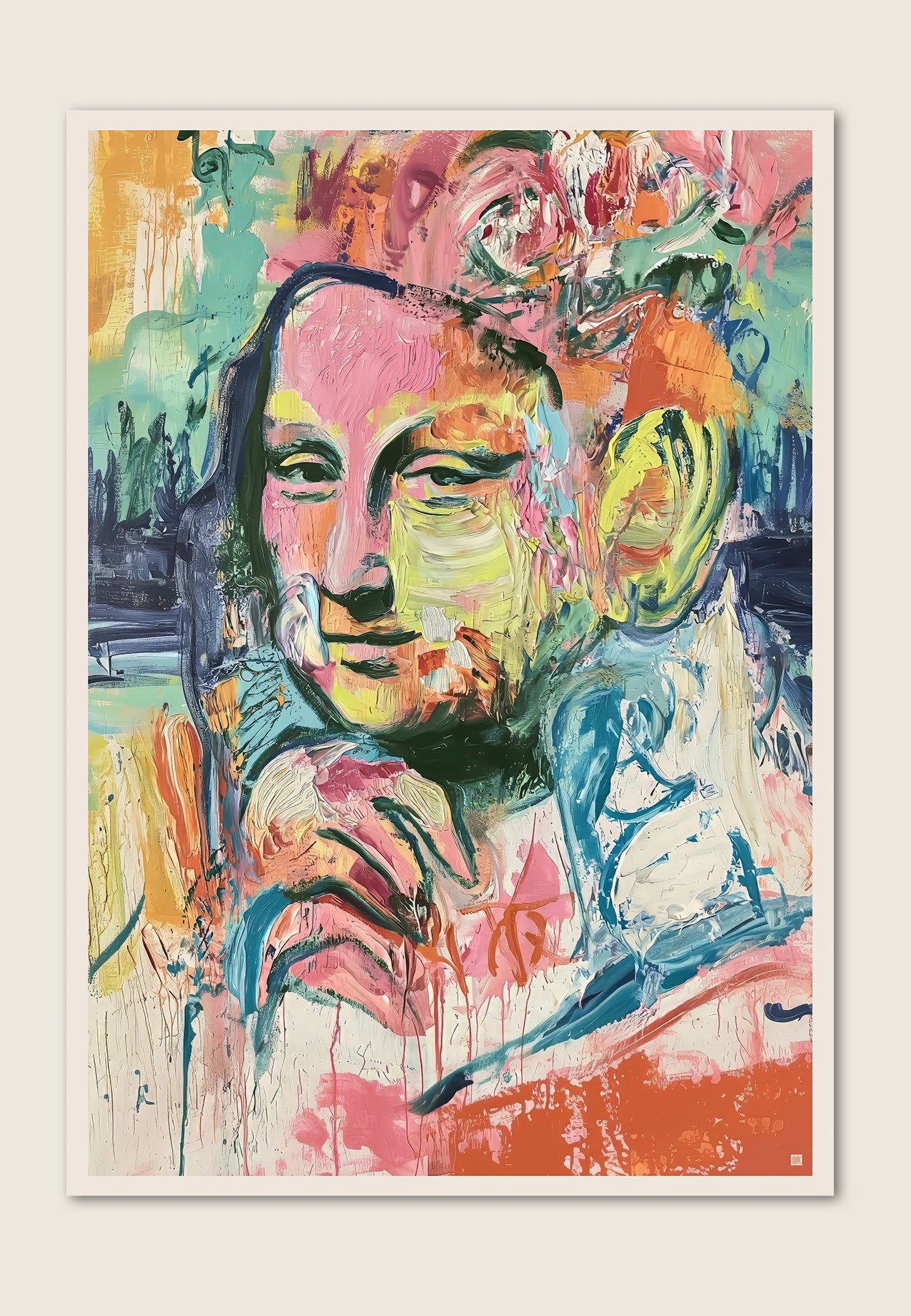 mona lisa kunstplakat moderne pop og street art, fargerikt portrett av isark.