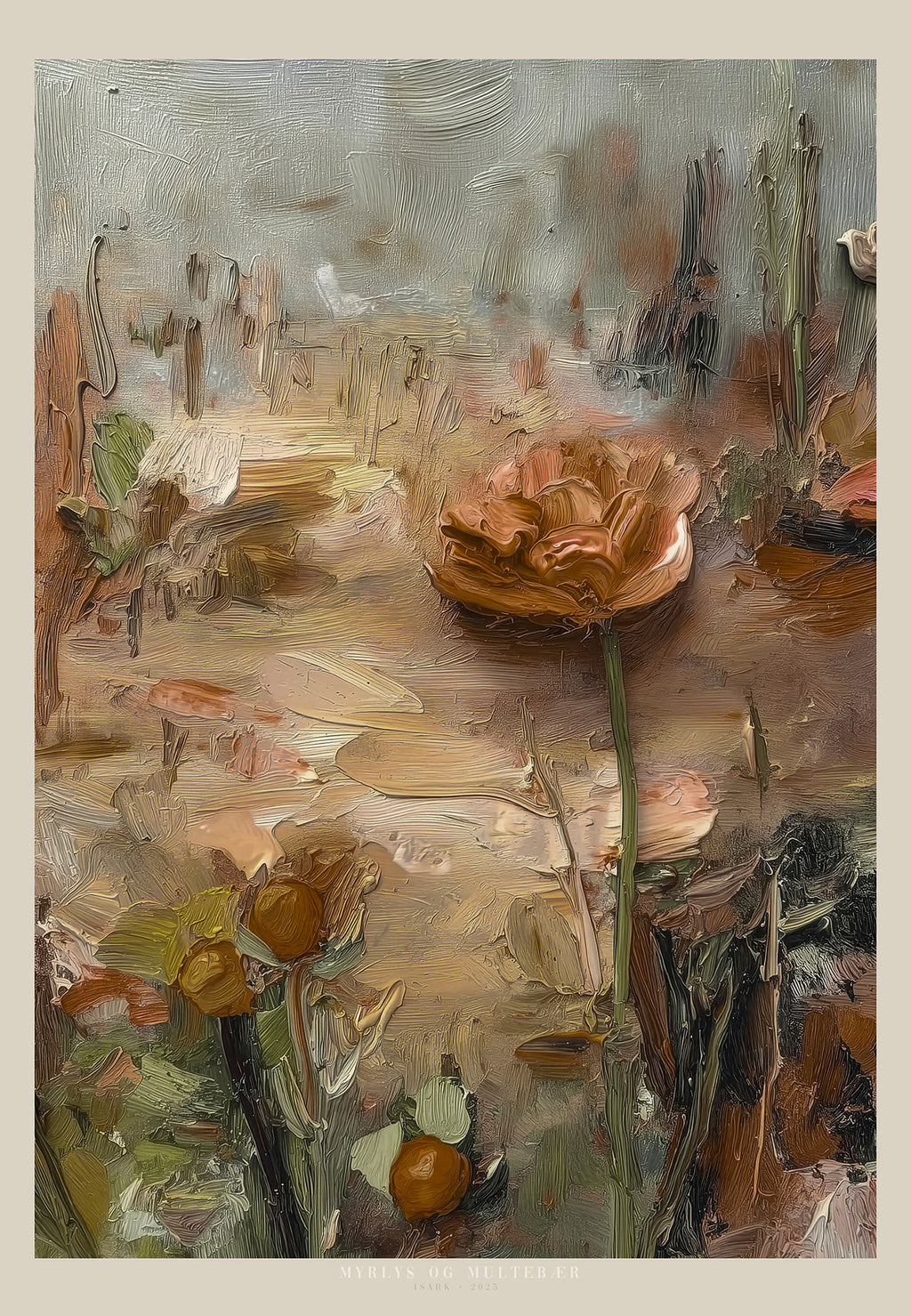 Myrlys og Multebær art print by ISARK, Nordic bog landscape tones with cloudberry details, museum oil painting texture