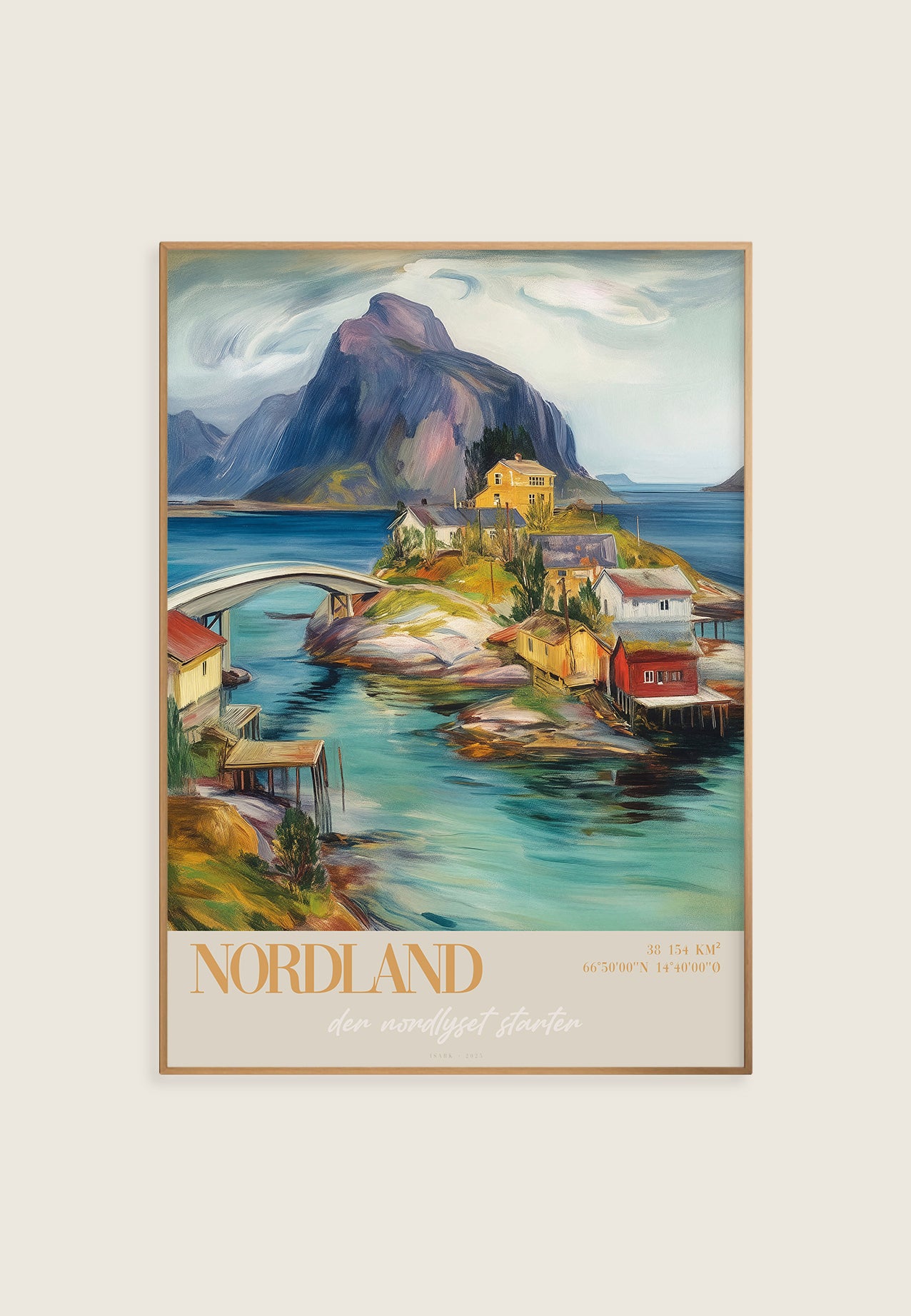 Plakat av nordnorsk fiskevær i Nordland med fargerike hus på små øyer, bro over vann, klart nordlys-himmel og majestetiske fjell i bakgrunnen. Kunstnerisk, malerisk stil.