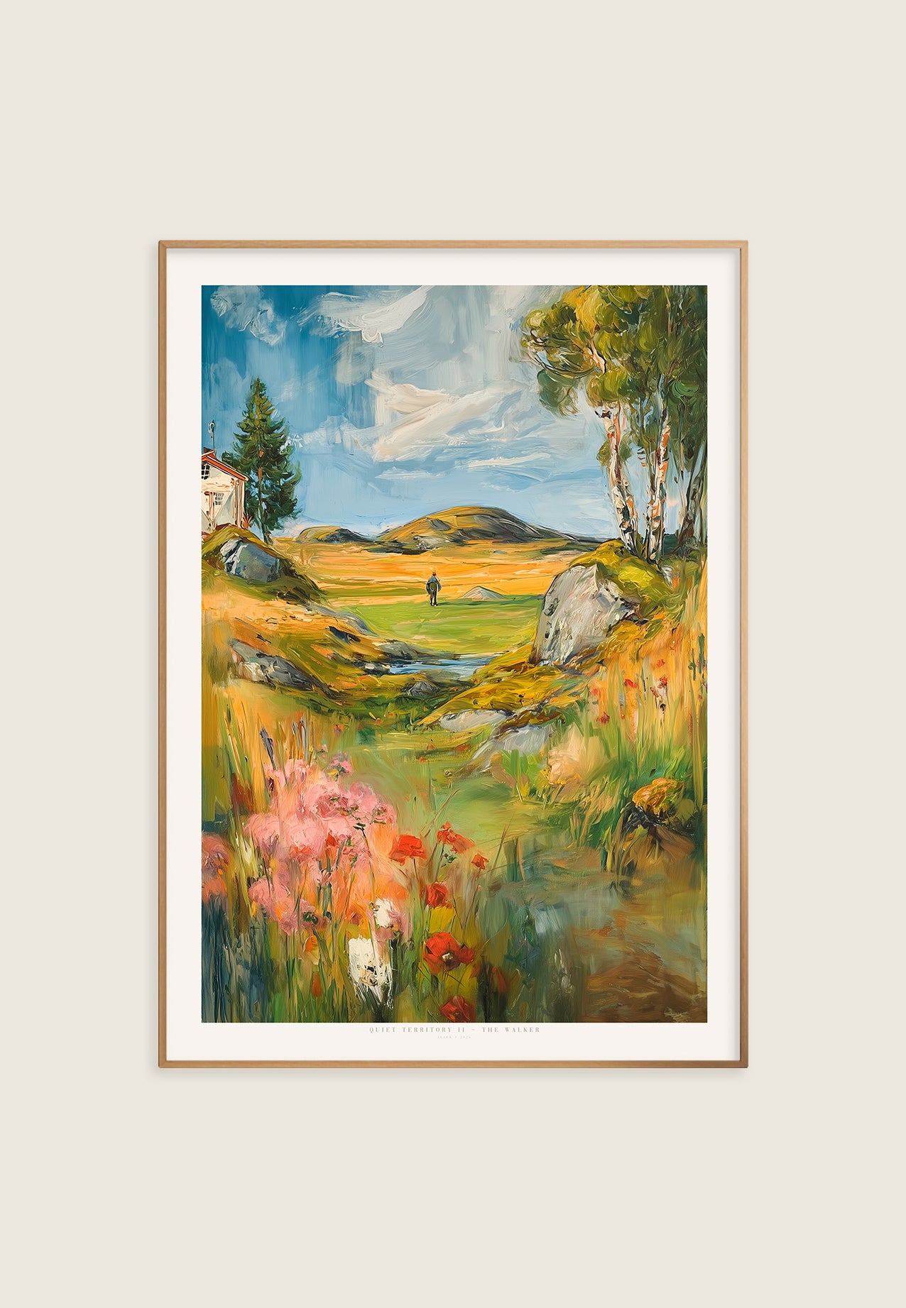 Nordisk landskapsmaleri med enslig vandrer i åpent fjellandskap, malt i ekspressiv oljestil. Av ISARK.