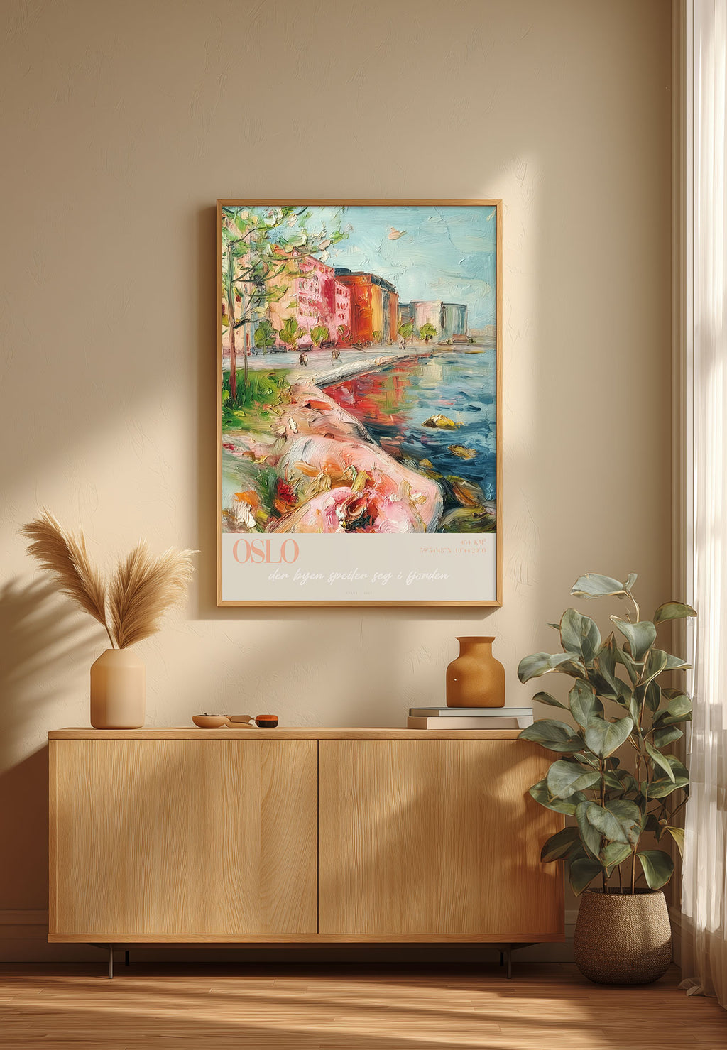 Fargerikt kunsttrykk av Oslo med fjord og klassiske bygårder i ekspressiv stil – 70x100 cm limited edition fra ISARK.