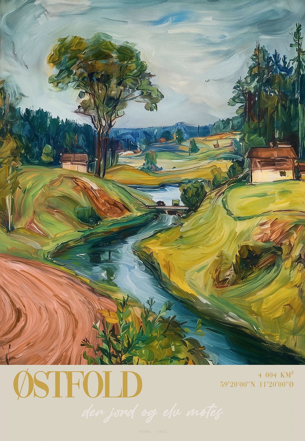 Østfold kunsttrykk av ISARK – nordisk kulturlandskap med elv og jorder, trykket på matt arkivbestandig Fine Art papir.