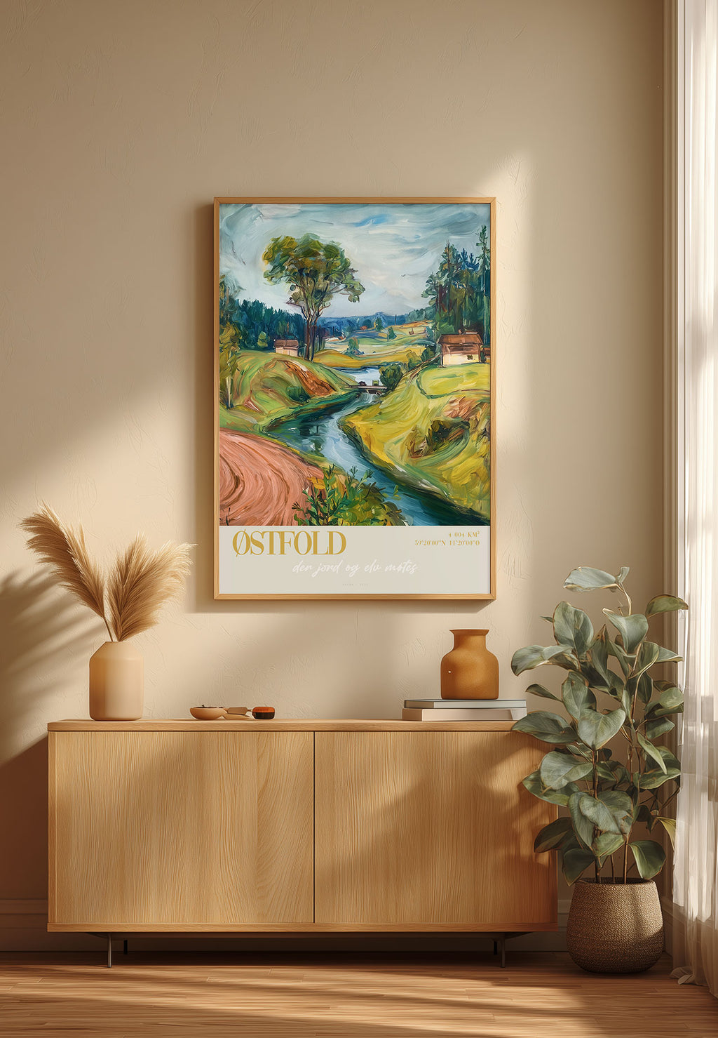 Østfold kunsttrykk av ISARK – nordisk kulturlandskap med elv og jorder, trykket på matt arkivbestandig Fine Art papir.