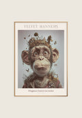 Velvet Manners plakat med apeportrett i vintage stil og rolig luksuriøst uttrykk