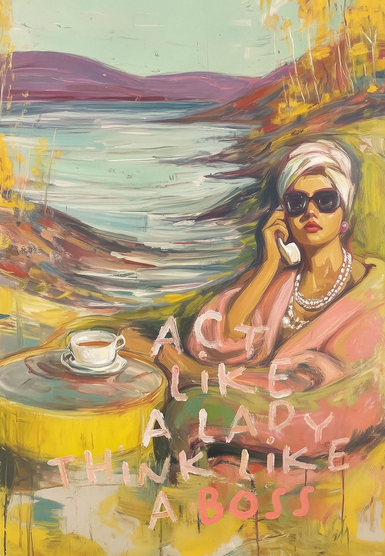 Kunsttrykk i oljemaleristil av en elegant og selvsikker kvinne i nordisk landskap med teksten «Act Like a Lady. Think Like a Boss» – moderne feministisk statement-kunst av ISARK.