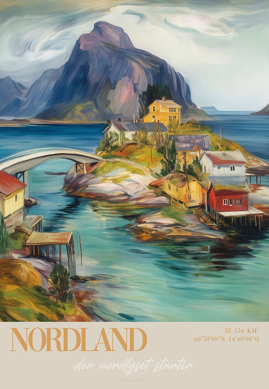 Plakat av nordnorsk fiskevær i Nordland med fargerike hus på små øyer, bro over vann, klart nordlys-himmel og majestetiske fjell i bakgrunnen. Kunstnerisk, malerisk stil.