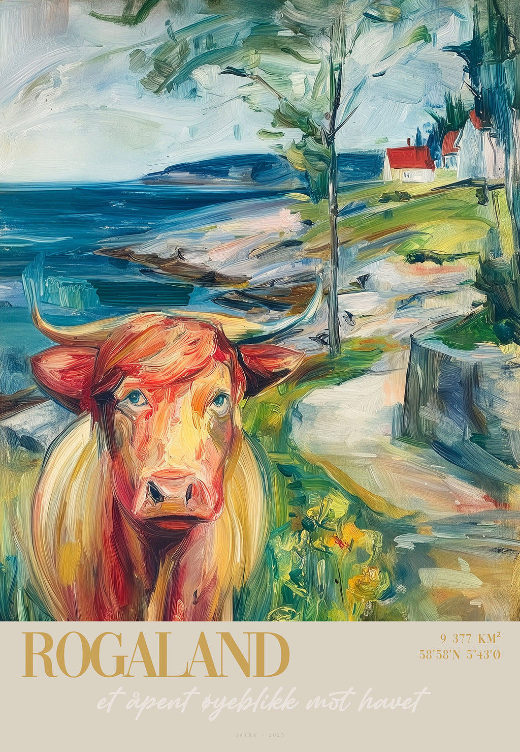 Rogaland kunsttrykk av ISARK – nordisk kystlandskap med ku i forgrunnen, trykket på matt arkivbestandig Fine Art papir.