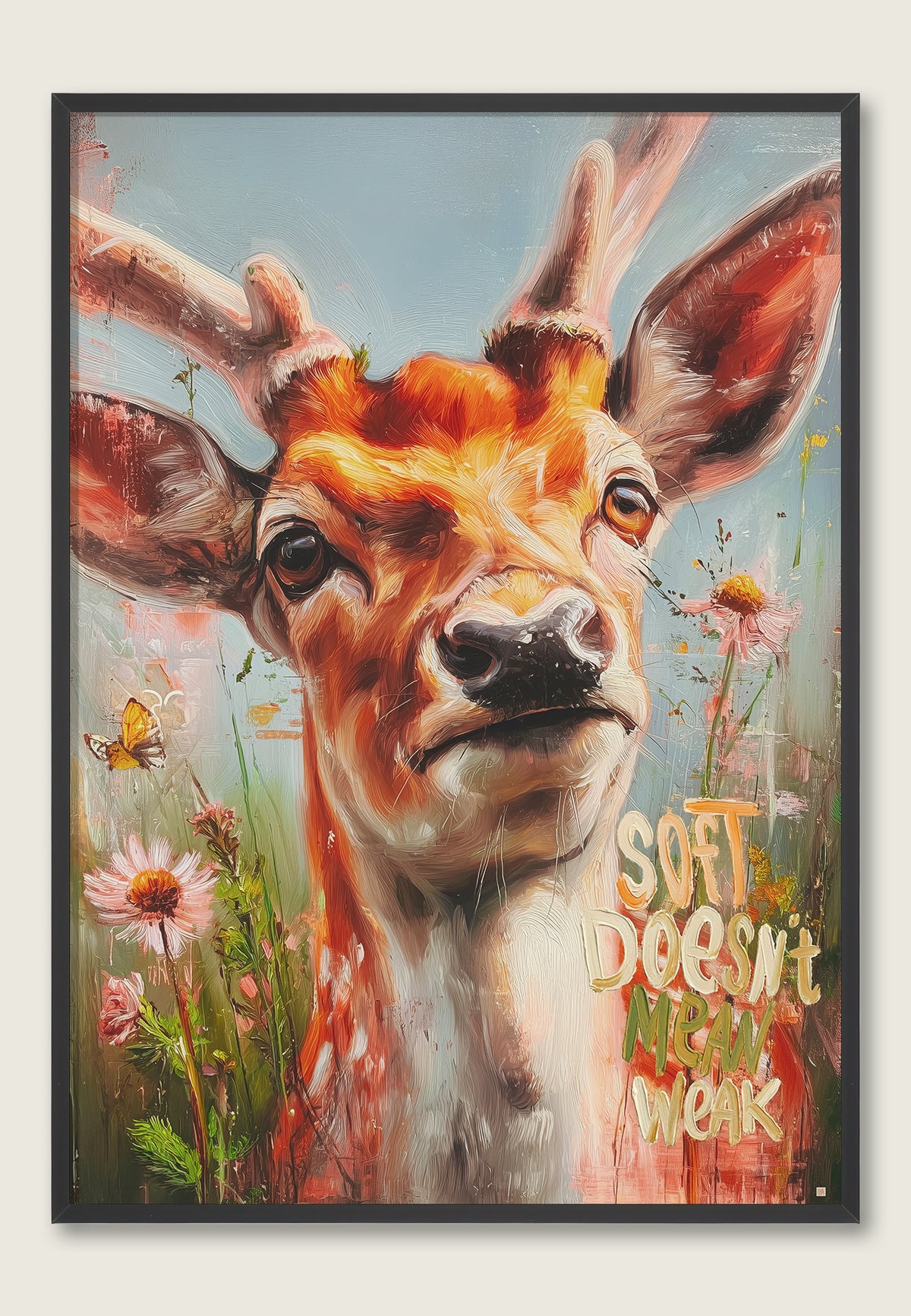 Soft Doesn’t Mean Weak – kunsttrykk med rådyr, blomster og street art-tekst.