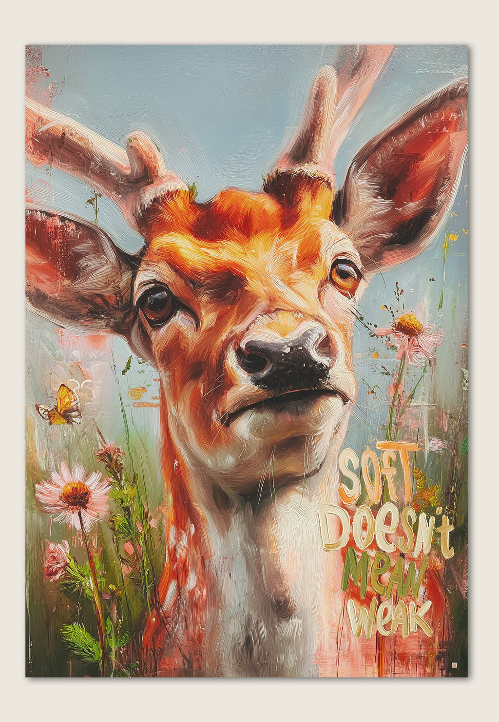 Kunstplakat av rådyr med blomster og teksten Soft Doesn’t Mean Weak i street art-stil