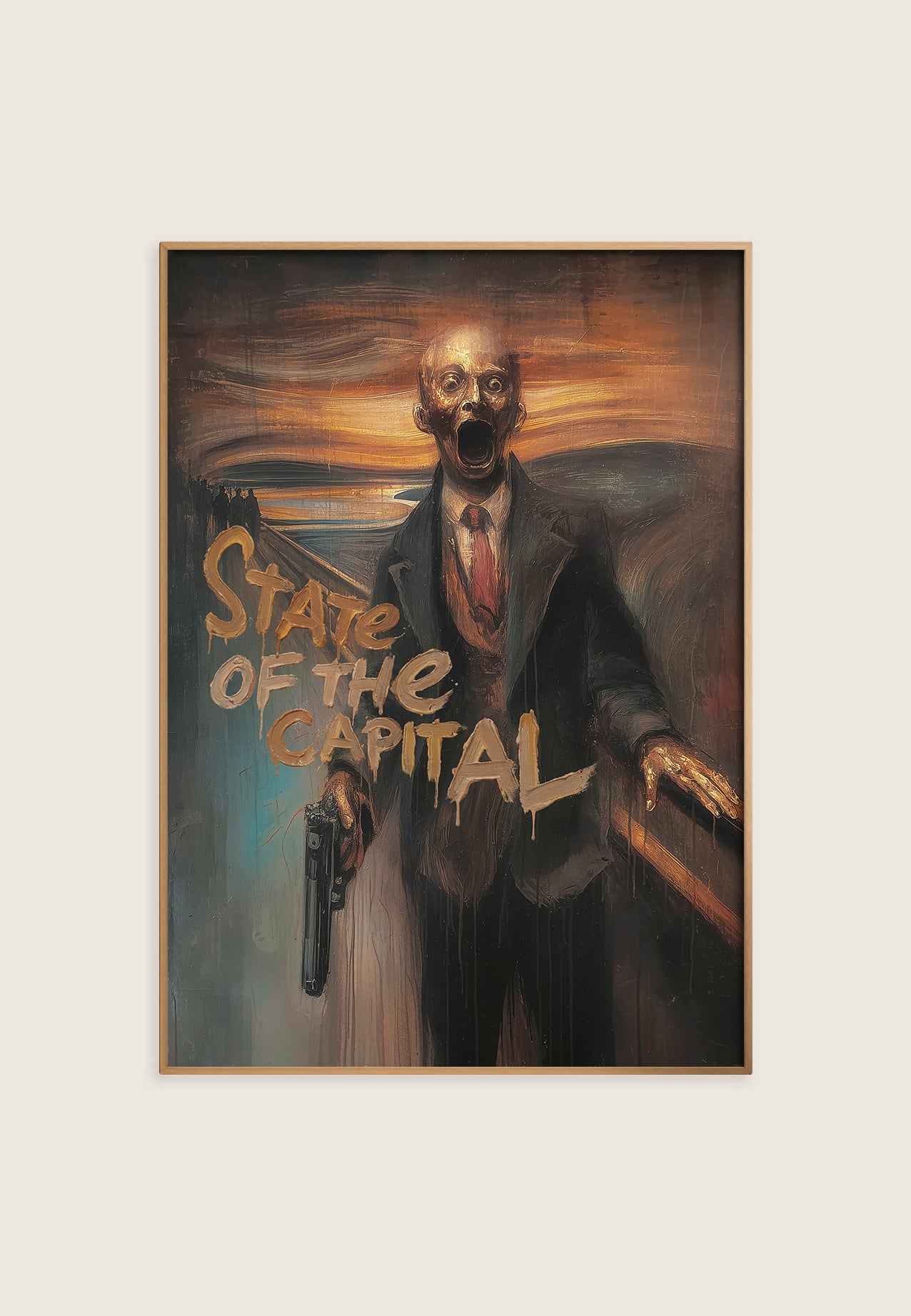 State of the Capital by ISARK, dark political oil painting with symbolic leader figure and gold typography.