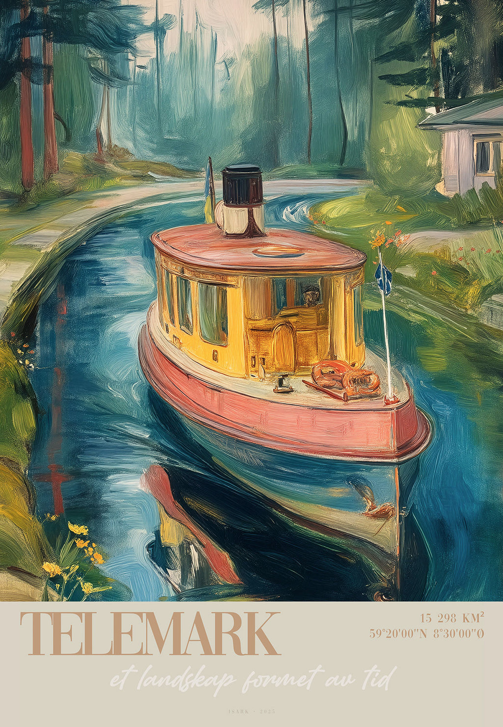 Telemark kunsttrykk av ISARK – nordisk kanalbåt i stille landskap, trykket på matt arkivbestandig Fine Art papir.