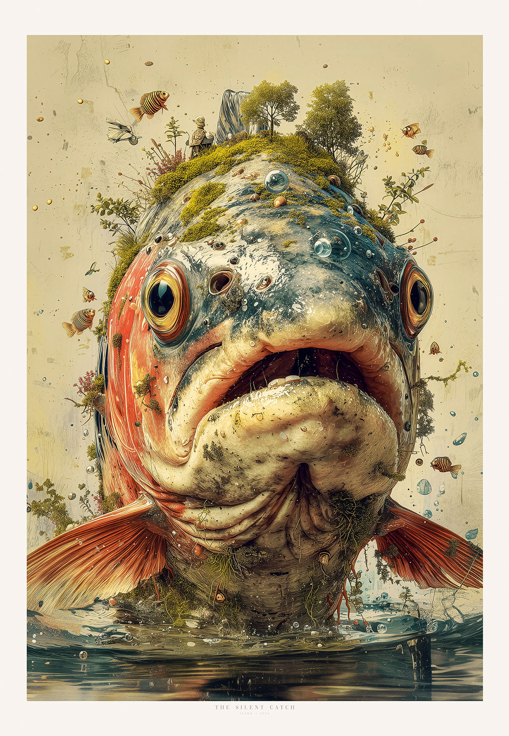 “The Silent Catch” – surrealistisk fish-portrett med nordisk mikro-økosystem på hodet, kunsttrykk i definert opplag fra ISARK.