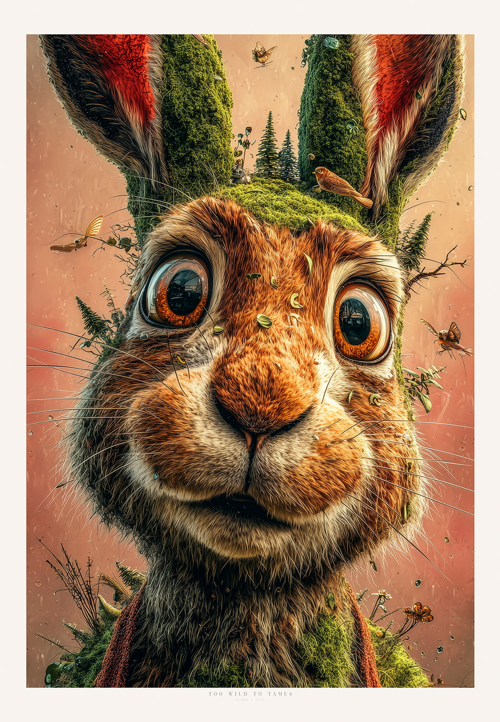 “Too Wild to Tame” – surrealistisk hareportrett med store uttrykksfulle øyne og nordisk mikro-økosystem, kunsttrykk i definert opplag fra ISARK.