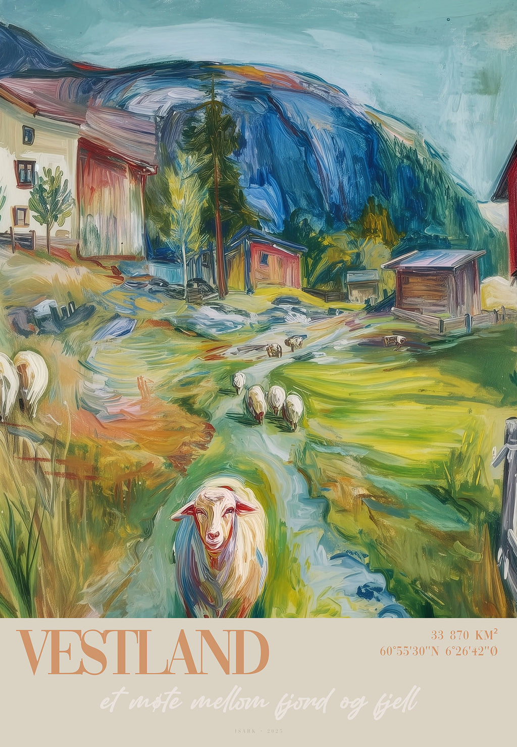 Maleri av en vestlandsgård med sauer og fjell i bakgrunnen, landskap med grønt gress og tradisjonelle hus.