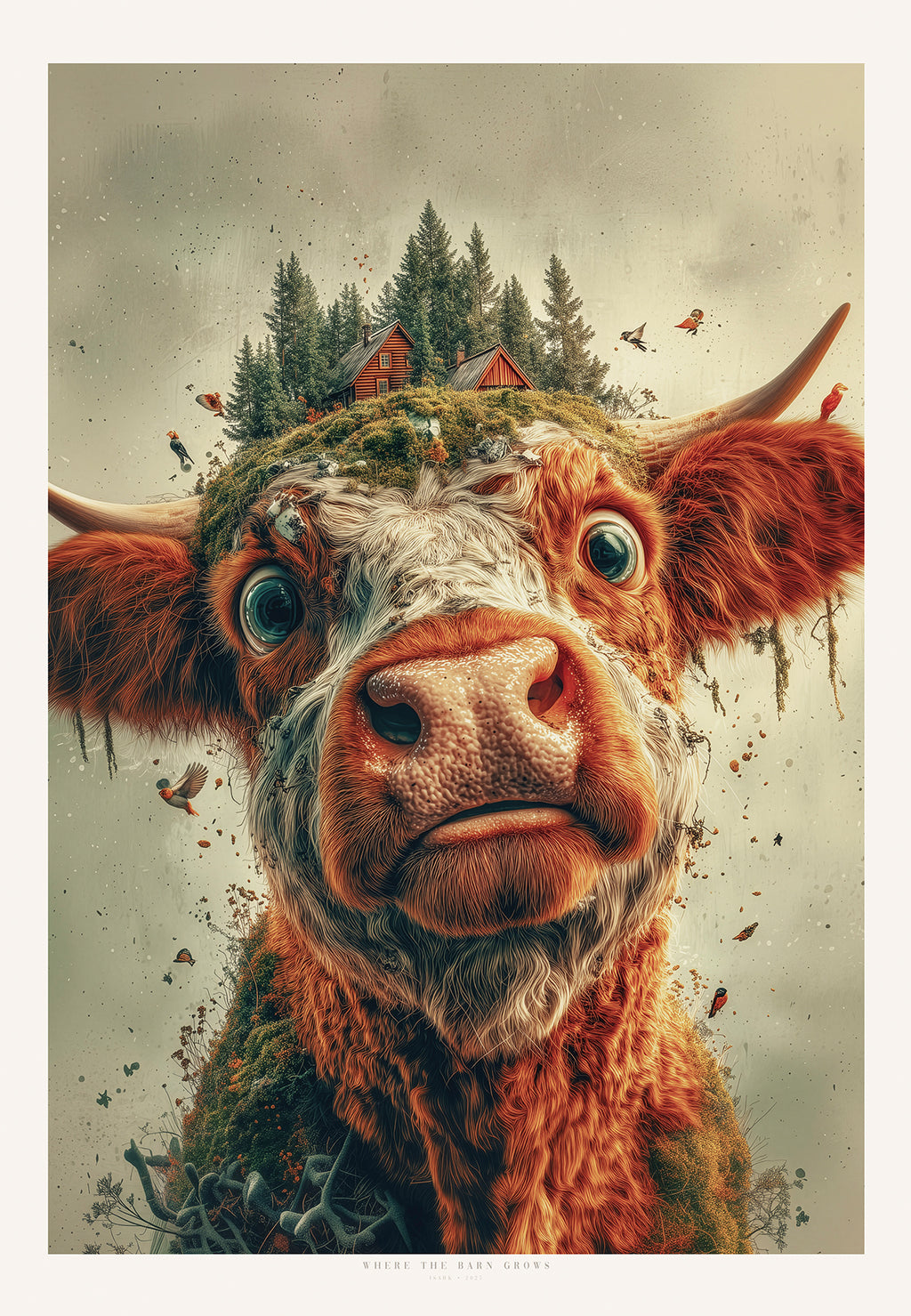 Where the Barn Grows – surrealistisk kuportrett med storøyd blikk og en liten skog og låve på hodet, Fine Art kunsttrykk fra ISARK.