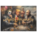 Whiskey Diplomacy kunsttrykk med politiske figurer rundt bord, mørk filmatisk stemning og gulltekst – limited edition fra ISARK.