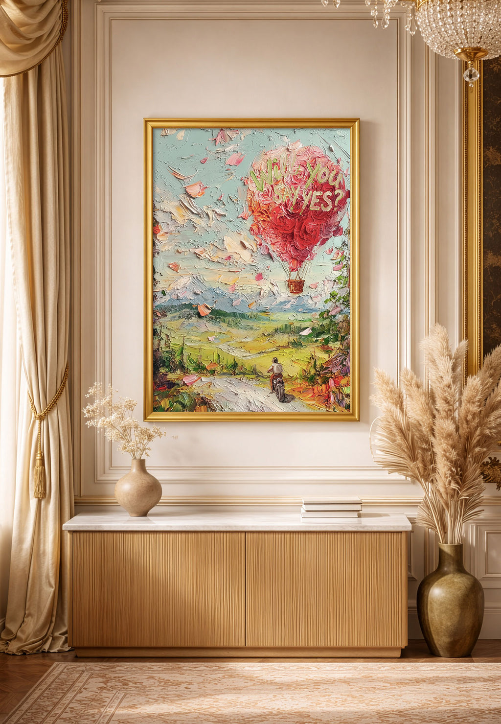 Will You Say Yes? by ISARK, rose hot air balloon over Nordic valley with motorcycle rider, limited edition fine art print.